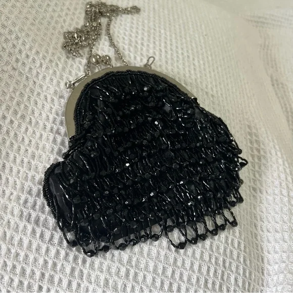 Vintage Bijoux Terner black beaded evening handbag shoulder bag kiss lock silver - Picture 10 of 14